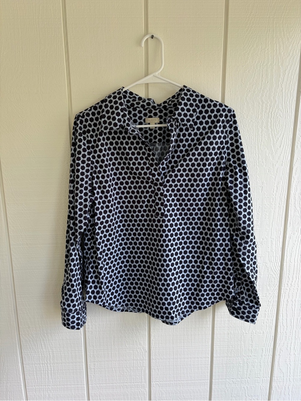 Talbots Navy Blue and White Polka Dot Long-Sleeve Blouse